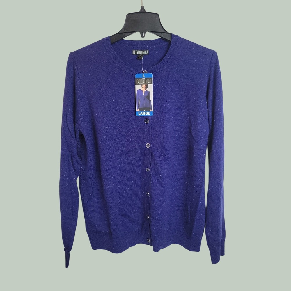 NWT Nicole Miller Original Cardigan Sweater Metallic Shimmer Knit Blue Large